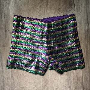 Arsimus Mardi Gras Purple Green Gold Striped Sequin Shorts